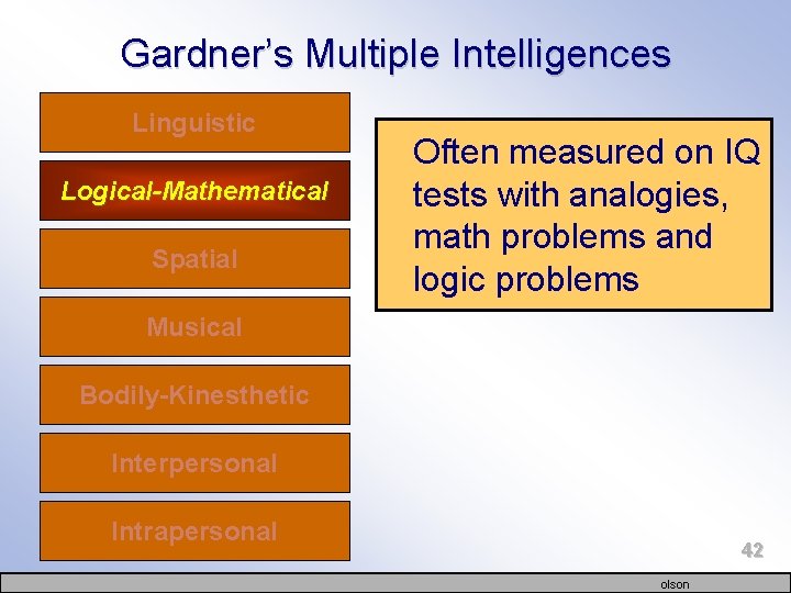 Gardner’s Multiple Intelligences Linguistic Logical-Mathematical Spatial Often measured on IQ tests with analogies, math