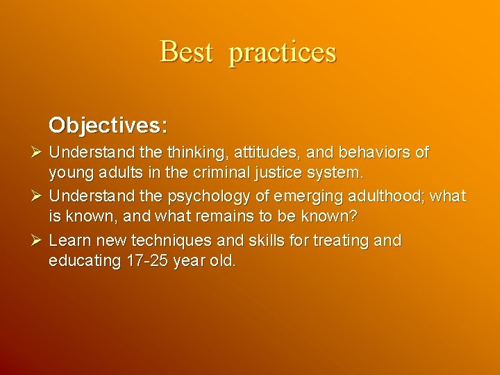 Best practices Objectives: Ø Understand the thinking, attitudes, and behaviors of young adults in Best practices Objectives: Ø Understand the thinking, attitudes, and behaviors of young adults in