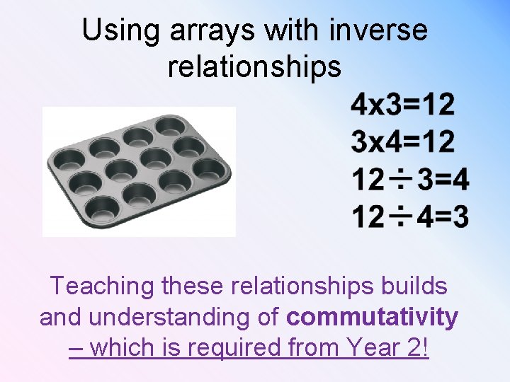 Using arrays with inverse relationships Teaching these relationships builds and understanding of commutativity –