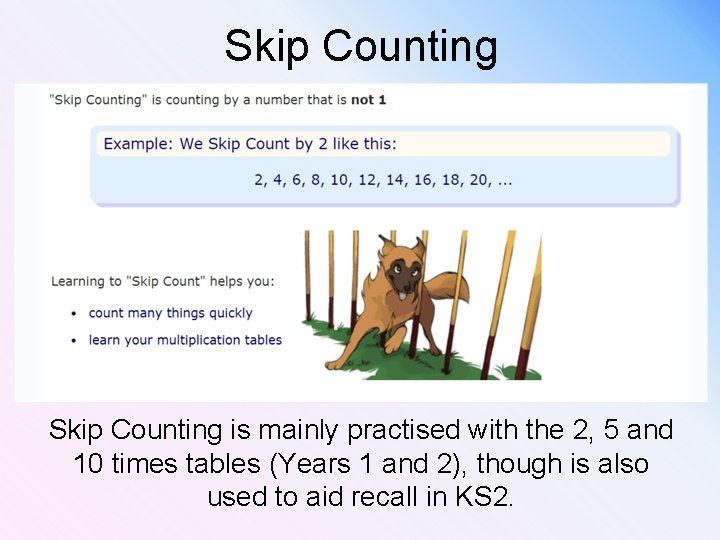 Skip Counting is mainly practised with the 2, 5 and 10 times tables (Years