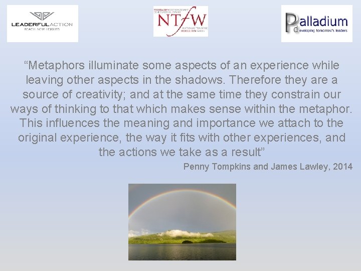 “Metaphors illuminate some aspects of an experience while leaving other aspects in the shadows.
