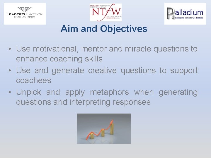 Aim and Objectives • Use motivational, mentor and miracle questions to enhance coaching skills