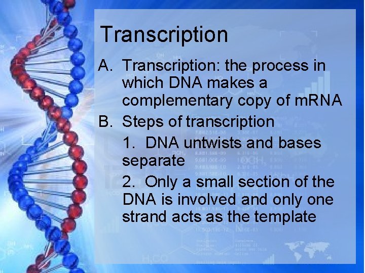 Transcription A. Transcription: the process in which DNA makes a complementary copy of m.