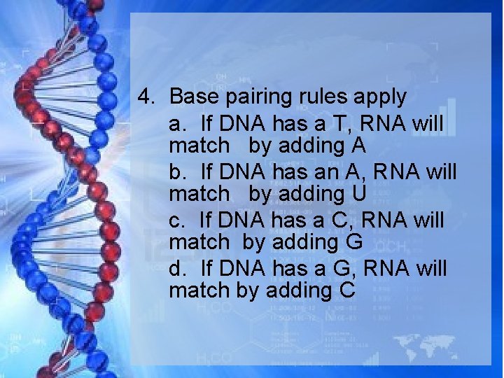 4. Base pairing rules apply a. If DNA has a T, RNA will match