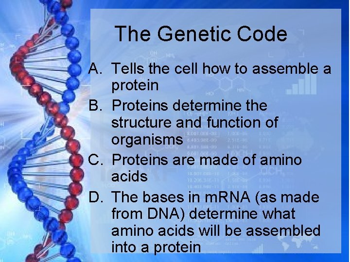 The Genetic Code A. Tells the cell how to assemble a protein B. Proteins