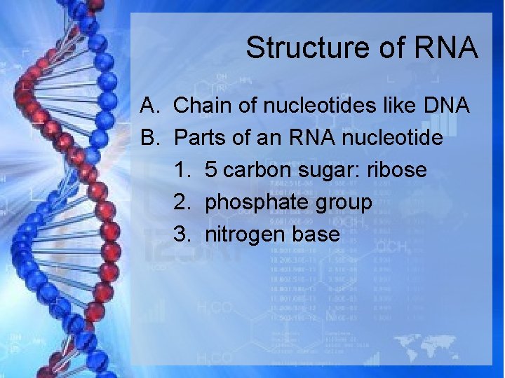 Structure of RNA A. Chain of nucleotides like DNA B. Parts of an RNA