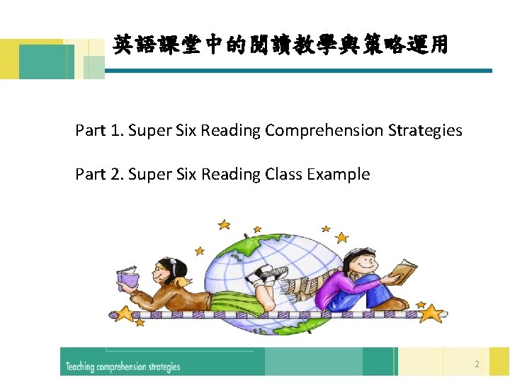 英語課堂中的閱讀教學與策略運用 Part 1. Super Six Reading Comprehension Strategies Part 2. Super Six Reading Class