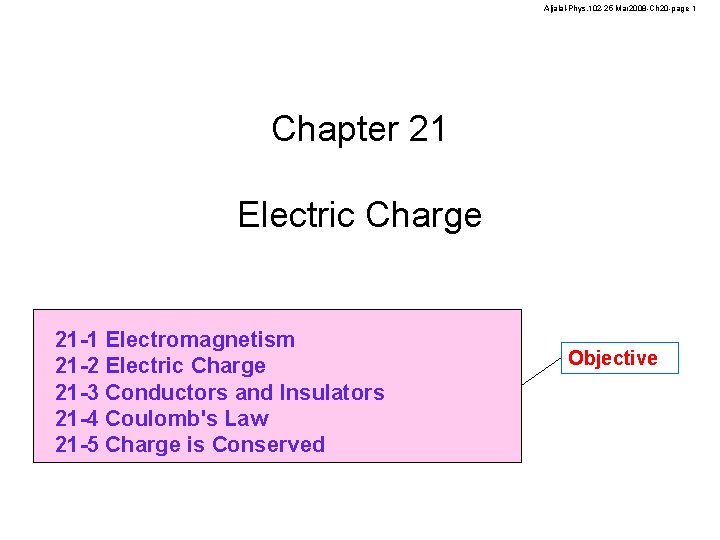 Aljalal-Phys. 102 -25 Mar 2008 -Ch 20 -page 1 Chapter 21 Electric Charge 21