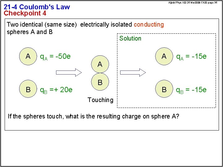 Aljalal-Phys. 102 -25 Mar 2008 -Ch 20 -page 35 21 -4 Coulomb's Law Checkpoint