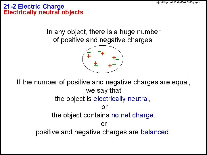 21 -2 Electric Charge Electrically neutral objects Aljalal-Phys. 102 -25 Mar 2008 -Ch 20