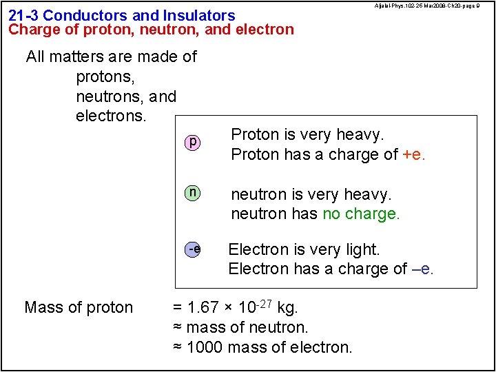 21 -3 Conductors and Insulators Charge of proton, neutron, and electron All matters are