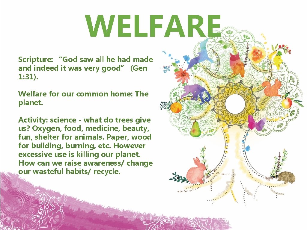 WELFARE Scripture: “God saw all he had made and indeed it was very good”