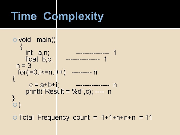 Time Complexity void { { } main() int a, n; -------- 1 float b,