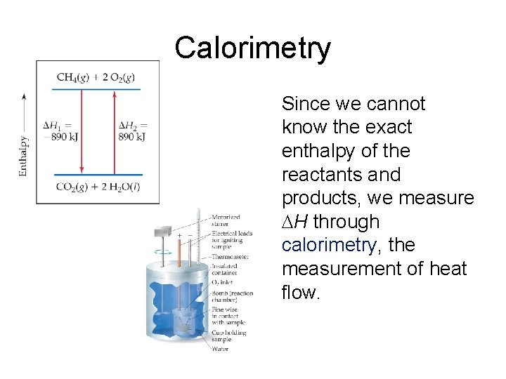 Calorimetry Since we cannot know the exact enthalpy of the reactants and products, we