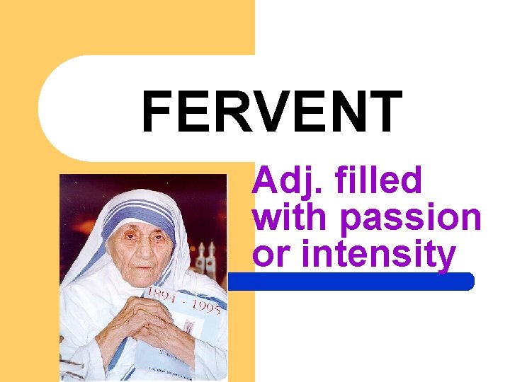 FERVENT Adj. filled with passion or intensity 
