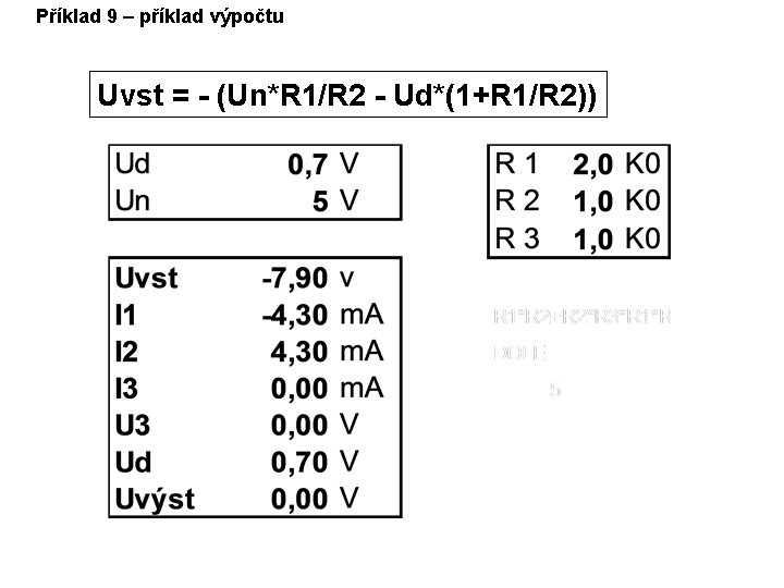 Příklad 9 – příklad výpočtu Uvst = - (Un*R 1/R 2 - Ud*(1+R 1/R