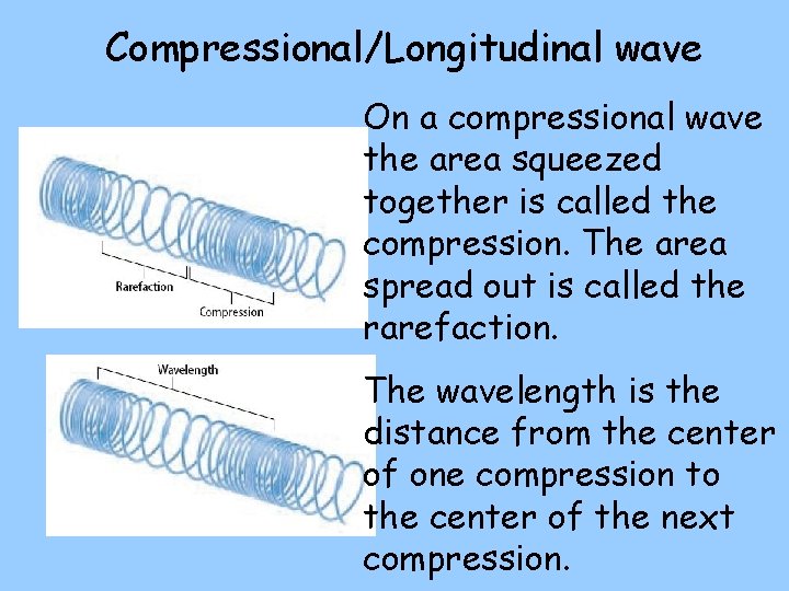 Compressional/Longitudinal wave On a compressional wave the area squeezed together is called the compression.