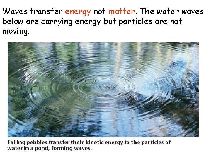 Waves transfer energy not matter. The water waves below are carrying energy but particles