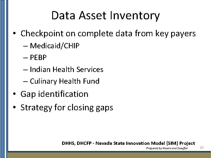 Data Asset Inventory • Checkpoint on complete data from key payers – Medicaid/CHIP –