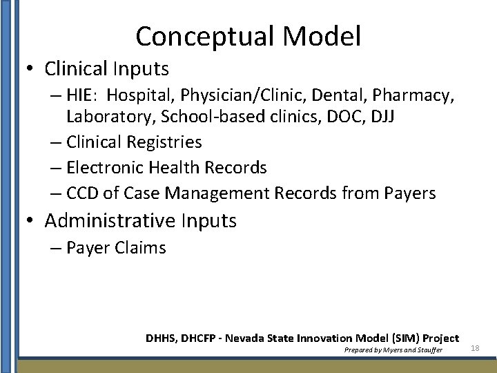 Conceptual Model • Clinical Inputs – HIE: Hospital, Physician/Clinic, Dental, Pharmacy, Laboratory, School-based clinics,