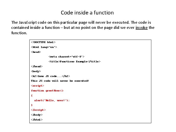 Code inside a function The Java. Script code on this particular page will never