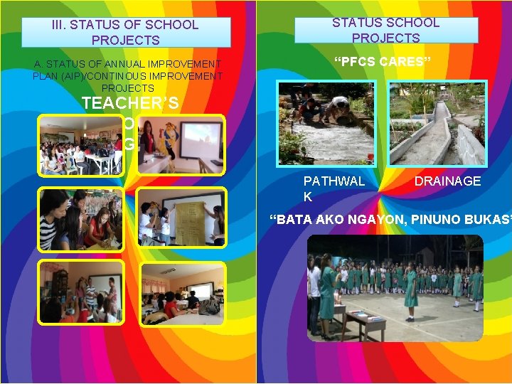 III. STATUS OF SCHOOL PROJECTS A. STATUS OF ANNUAL IMPROVEMENT PLAN (AIP)/CONTINOUS IMPROVEMENT PROJECTS