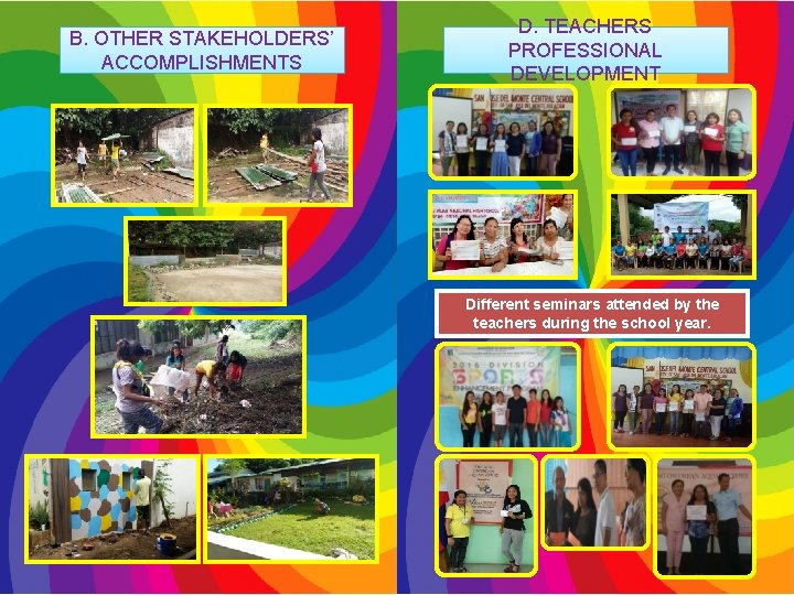 B. OTHER STAKEHOLDERS’ ACCOMPLISHMENTS D. TEACHERS PROFESSIONAL DEVELOPMENT Different seminars attended by the teachers