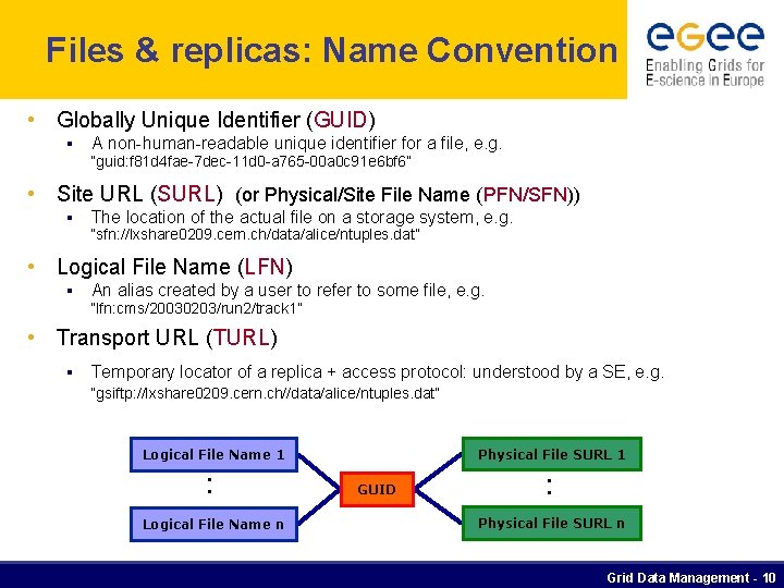 Files & replicas: Name Convention • Globally Unique Identifier (GUID) § A non-human-readable unique