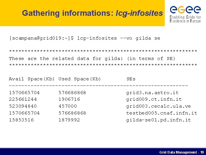 Gathering informations: lcg-infosites [scampana@grid 019: ~]$ lcg-infosites --vo gilda se ******************************* These are the