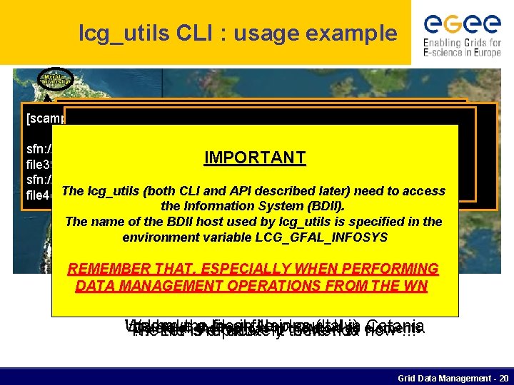 lcg_utils CLI : usage example [scampana@grid 019: ~]$ lcg-lr --vo gilda lfn: simone-important [scampana@grid