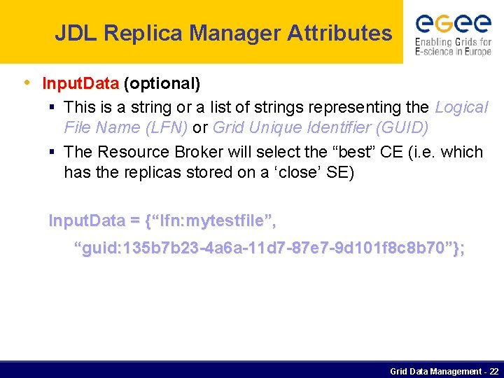 JDL Replica Manager Attributes • Input. Data (optional) § This is a string or