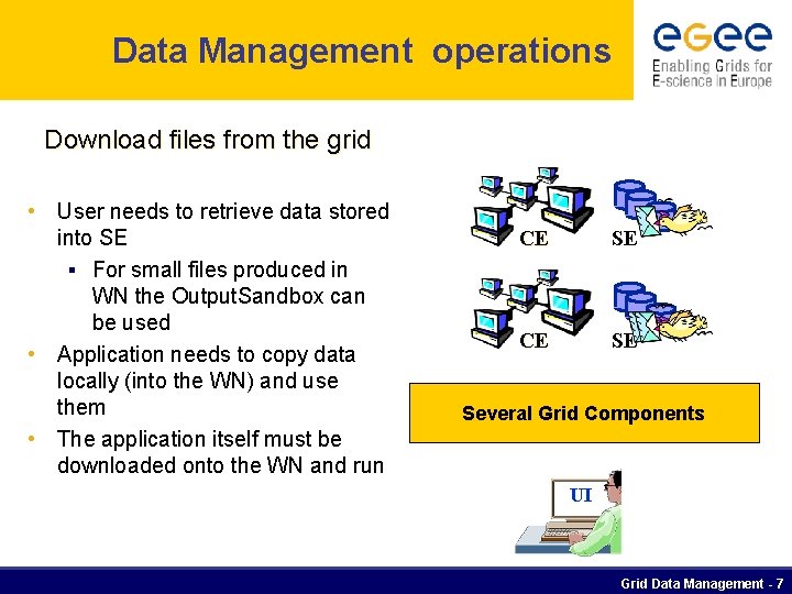 Data Management operations Download files from the grid • User needs to retrieve data
