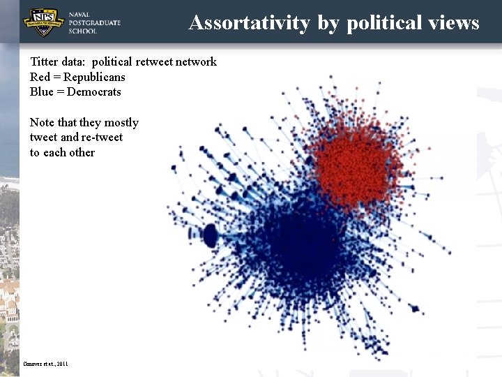Assortativity by political views Titter data: political retweet network Red = Republicans Blue =