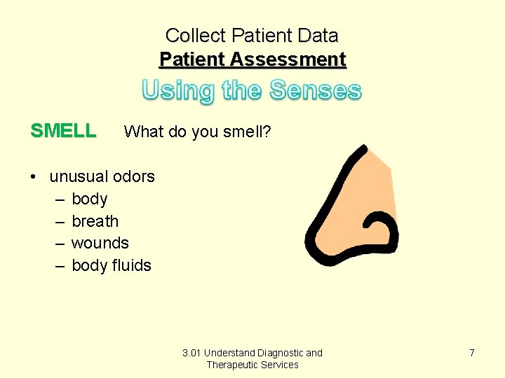 Collect Patient Data Patient Assessment SMELL What do you smell? • unusual odors –