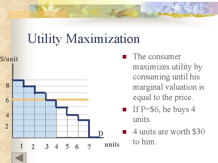 Utility Maximization n $/unit 8 6 n 4 2 n D 1 2 3