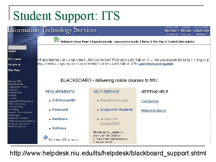 Student Support: ITS http: //www. helpdesk. niu. edu/its/helpdesk/blackboard_support. shtml Student Support: ITS http: //www. helpdesk. niu. edu/its/helpdesk/blackboard_support. shtml