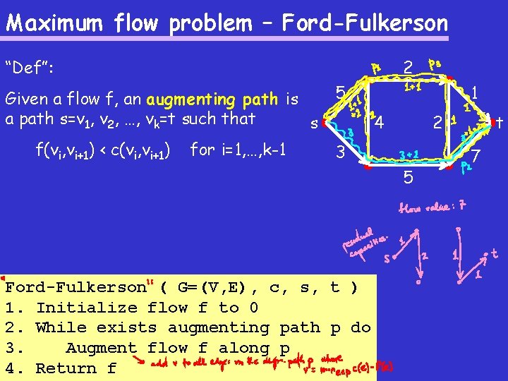 Maximum flow problem – Ford-Fulkerson “Def”: 2 Given a flow f, an augmenting path