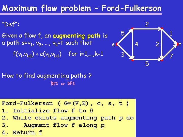 Maximum flow problem – Ford-Fulkerson 2 “Def”: Given a flow f, an augmenting path