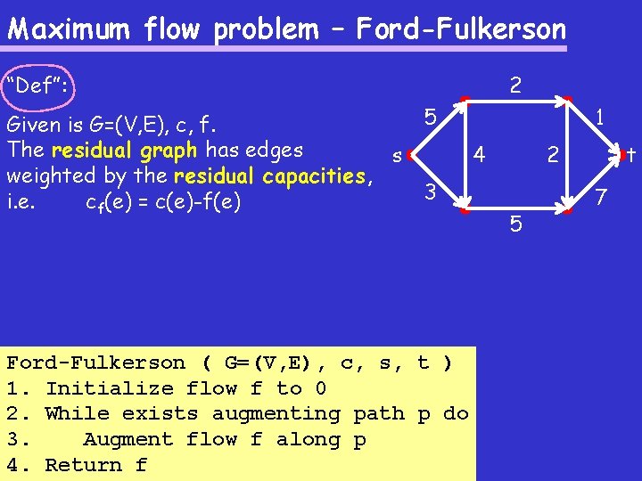 Maximum flow problem – Ford-Fulkerson “Def”: Given is G=(V, E), c, f. The residual