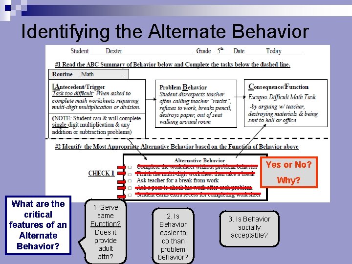 Identifying the Alternate Behavior Yes or No? Why? What are the critical features of