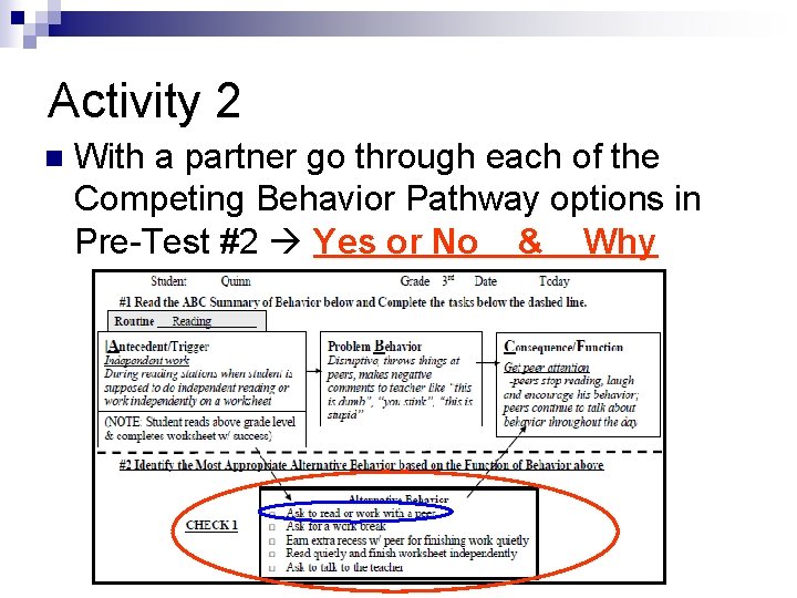 Activity 2 n With a partner go through each of the Competing Behavior Pathway