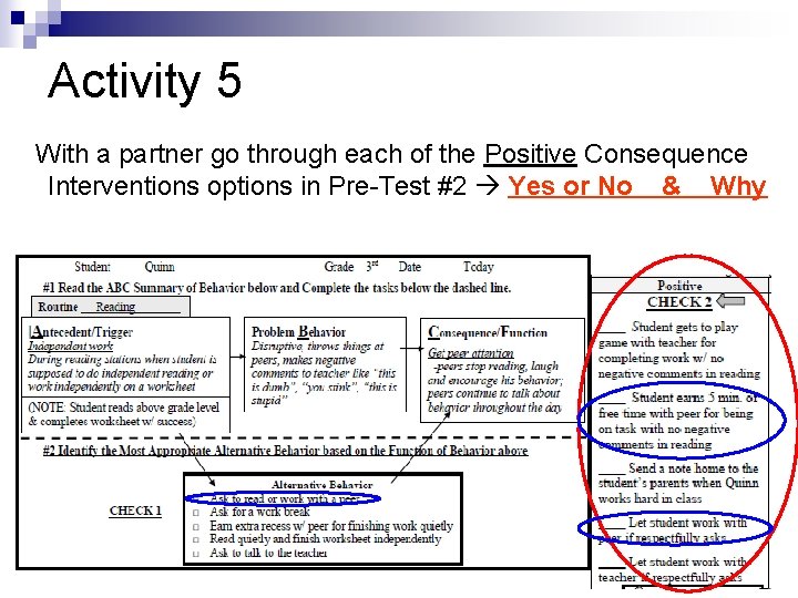 Activity 5 With a partner go through each of the Positive Consequence Interventions options