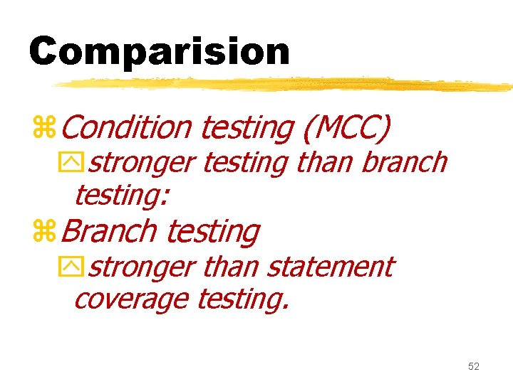 Comparision z. Condition testing (MCC) ystronger testing than branch testing: z. Branch testing ystronger Comparision z. Condition testing (MCC) ystronger testing than branch testing: z. Branch testing ystronger
