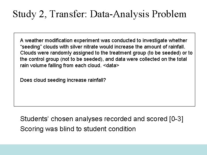 Study 2, Transfer: Data-Analysis Problem A weather modification experiment was conducted to investigate whether
