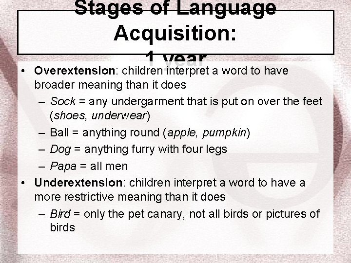  • Stages of Language Acquisition: 1 year Overextension: children interpret a word to