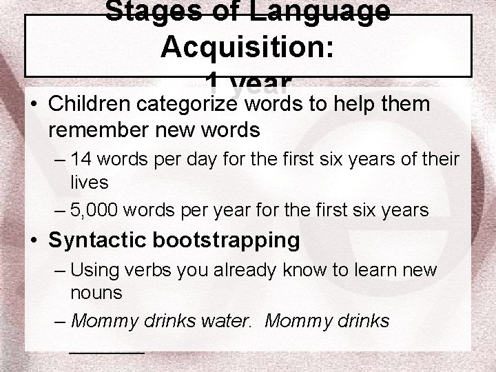 Stages of Language Acquisition: 1 year • Children categorize words to help them remember
