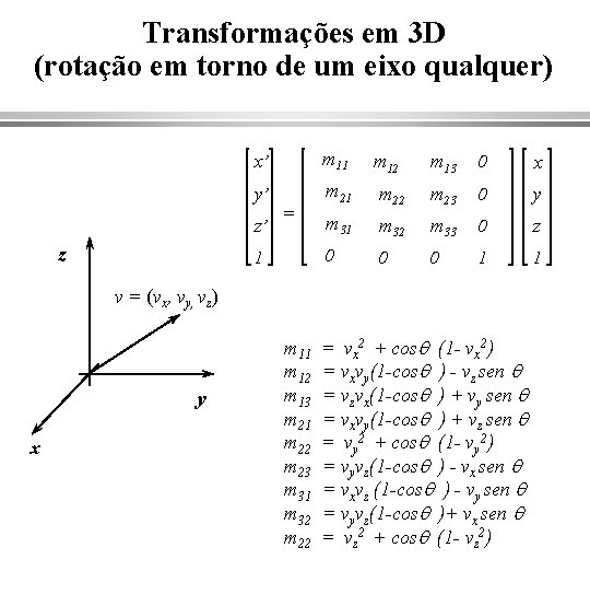 Transformações em 3 D (rotação em torno de um eixo qualquer) x’ m 11 Transformações em 3 D (rotação em torno de um eixo qualquer) x’ m 11