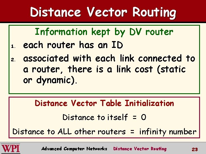 Distance Vector Routing 1. 2. Information kept by DV router each router has an