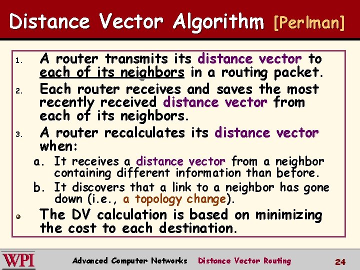 Distance Vector Algorithm 1. 2. 3. [Perlman] A router transmits distance vector to each