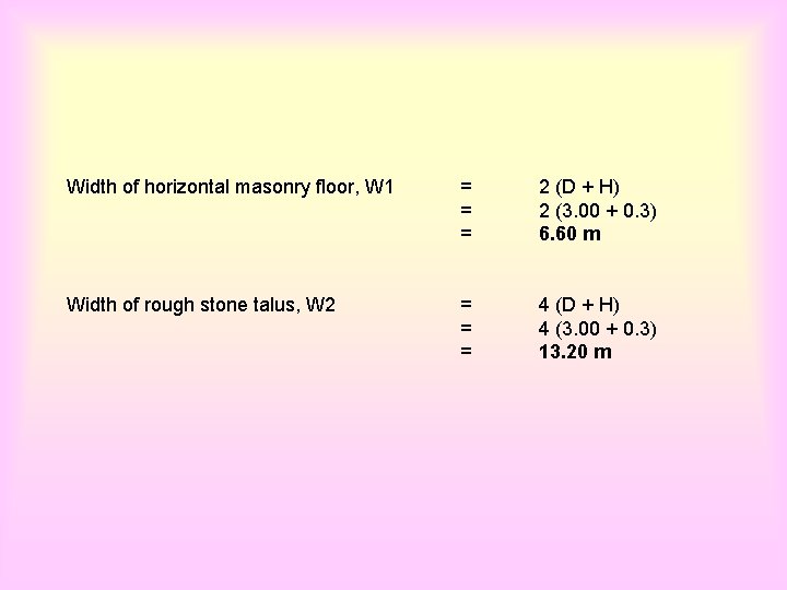 Width of horizontal masonry floor, W 1 = = = 2 (D + H)